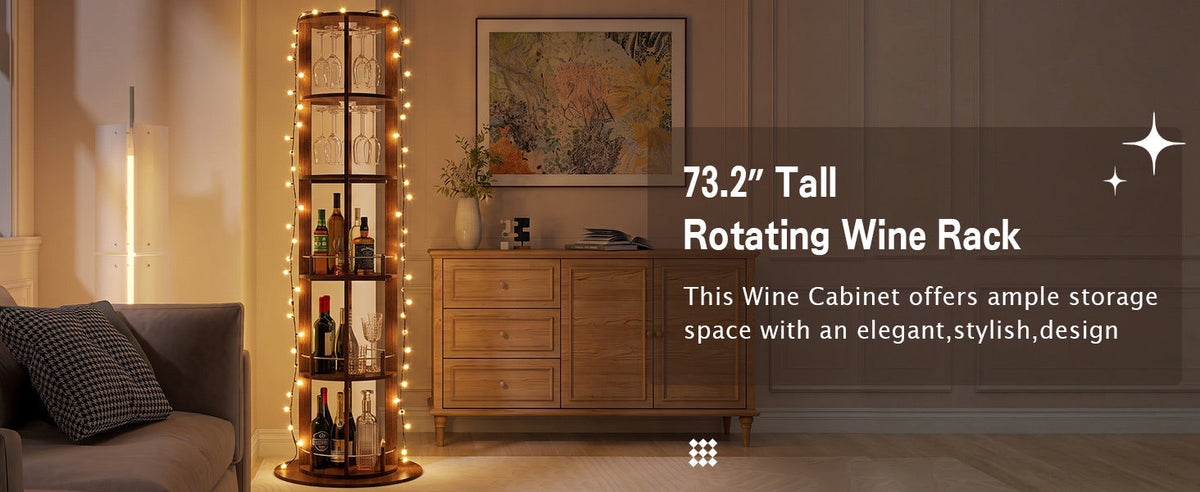 73" Tall Round Wine Rack, Freestanding Wine Bar Cabinet With 360° Rotating Design Wine Glass Rack, 360° Smooth Rotation & Stable Base, 3-Tier Storage Shelf, MDF & Metal, Walnut