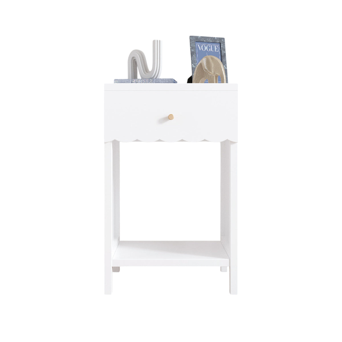 Modern White Nightstand with Drawer and Open Shelf,Scalloped Edge Bedside Table for Bedroom, Cute Minimalist Side Table for Kids Room or Girls' Room