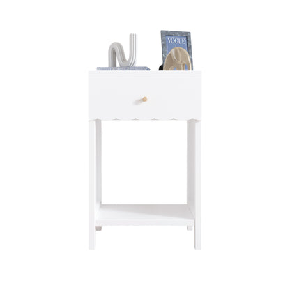 Modern White Nightstand with Drawer and Open Shelf,Scalloped Edge Bedside Table for Bedroom, Cute Minimalist Side Table for Kids Room or Girls' Room