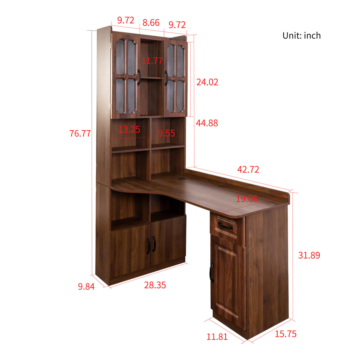 L-Shaped Corner Computer Desk for Home Office or Study desk, Study Modern Style Table with Drawers, Bookshelf & Hutch – Walnut