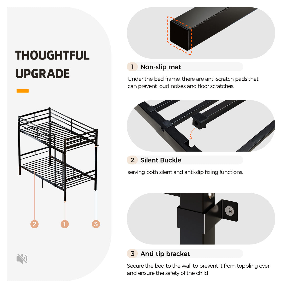 Metal bunk bed (single bed), suitable for children/teenagers/adults. 14.17-inch high guardrails. Single bunk with 19 crossbars and a weight capacity of over 400 lbs. Under-bed storage. Black.