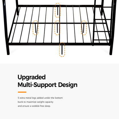 Metal Bunk Bed, Heavy Duty Full Over Queen Bunk Beds with 5 Extra Support Legs, 990 lbs Capacity, Noise-Free & Anti-Tip Design, 13.3" Safety Guardrail, Space-Saving Bed for Kids, Teens & Adults, Black