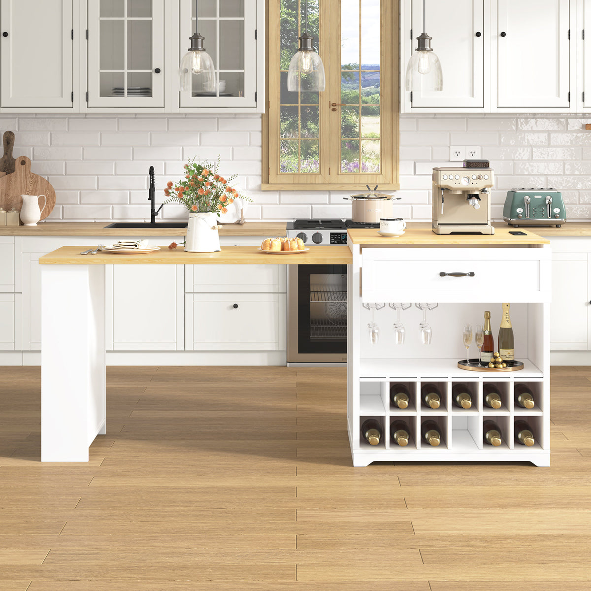 U_STYLE Extendable Counter Table with Wheels,Bar Table with Built-in Power Outlet,Farmhouse Wine Cabinet with Double-Sided Drawers,Suitable for Kitchen & Home Bar (Chairs Not Included)