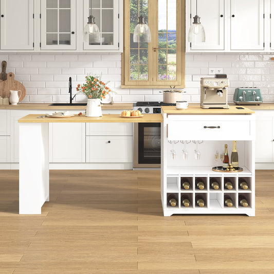 U_STYLE Extendable Counter Table with Wheels,Bar Table with Built-in Power Outlet,Farmhouse Wine Cabinet with Double-Sided Drawers,Suitable for Kitchen & Home Bar (Chairs Not Included)