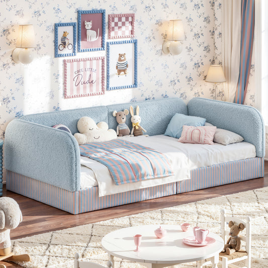Twin Size Upholstered Teddy Fleece Floor Bed Frame for Kids, Half-enclosed Montessori Floor Bed for Boys & Girls , Low Profile Platform Bed with Side Guardrails, Blue