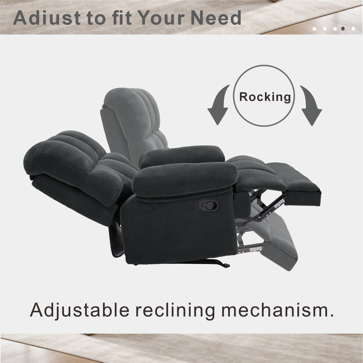 Modern Manual Rocker Recliner Chair with Nubby Upholstery Fabric in Dark Grey, Fabric +Wood and Metal Construction