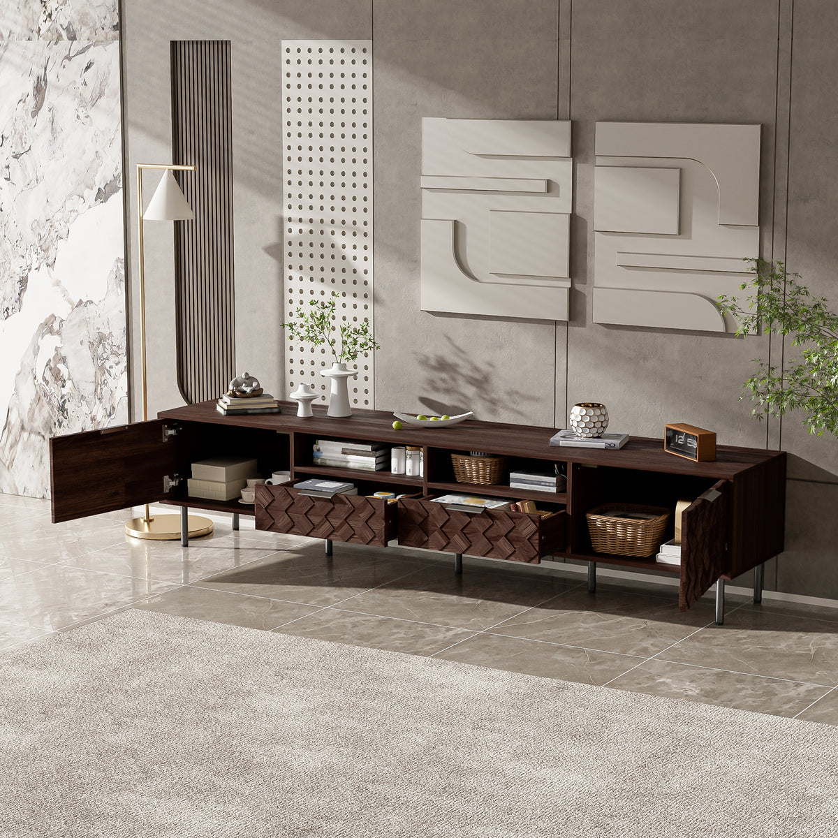 Modern 78 inch TV Stand for TVs up to 85 inches, Walnut Finish with Closed Storage, Soft-Closing Hinges, Iron Legs
