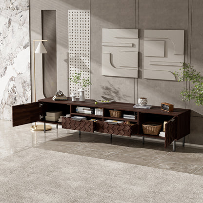 Modern 78 inch TV Stand for TVs up to 85 inches, Walnut Finish with Closed Storage, Soft-Closing Hinges, Iron Legs