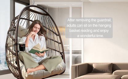 W2707P184371 Khaki Hanging Swing Egg Chair, Indoor Outdoor Anti-Aging Resin Wicker Hammock Chair with Removable Guardrail, Cup Holder, UV Resistant Thick Cushion, Foldable Lounge Chair, 350lbs Capacit