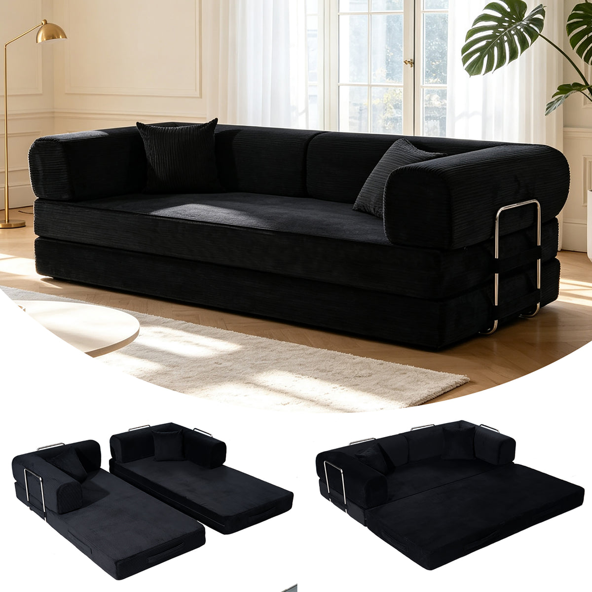 Convertible Sofa Bed, Folding Floor Couch Corduroy Fold Out Couch Bed Futon Sleeper Mattress with Pillows, Boneless Sofa for Living Room Bedroom,BLACK