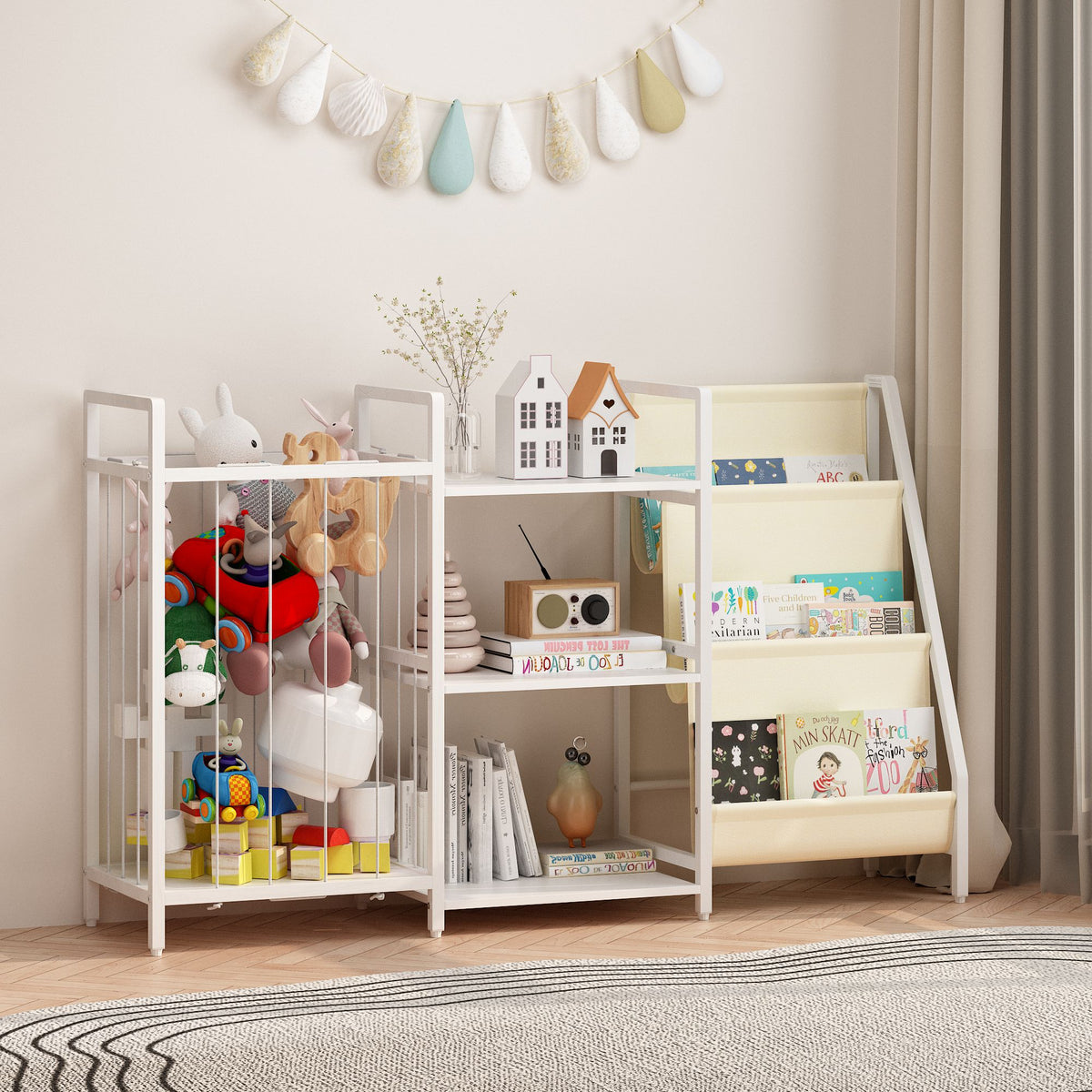Kids Bookshelf and Toy Storage, 3-in-1 Book Shelf for Kids Rooms, Sling Baby Bookcase with Stuffed Animal Storage, Toddler Montessori Bookshelf for Nursery, Playroom, Kindergarten, White