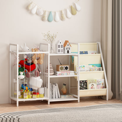 Kids Bookshelf and Toy Storage, 3-in-1 Book Shelf for Kids Rooms, Sling Baby Bookcase with Stuffed Animal Storage, Toddler Montessori Bookshelf for Nursery, Playroom, Kindergarten, White