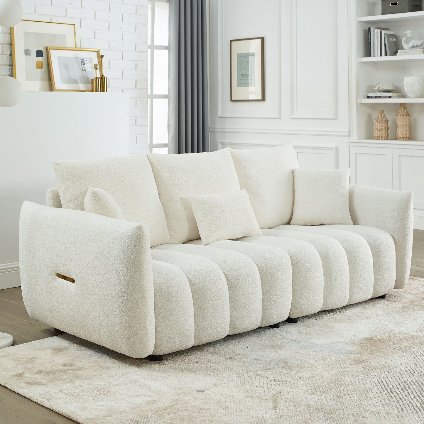 [video] MH 79.5' Premium Teddy fabric Sofa with 3 Back Pillows and 3 back Cushions Solid Wood Frame 3-Seater Sofa, Oversized Upholstered Chair for Living Room, Bedroom, Apartment and Office