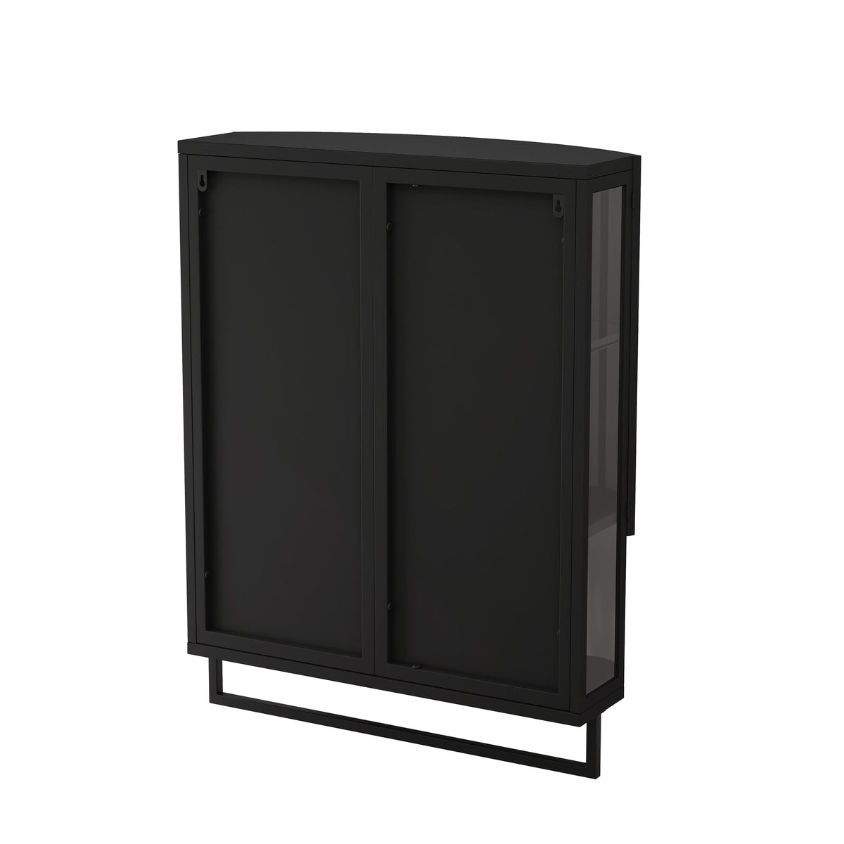 Modern Arched Glass Double-Door Wardrobe with Shatterproof Mirror, Double-Layer Storage, Open Shelf & Towel Rack in Black Iron Frame, 23.62'L x 8.85'W x 31.5'H