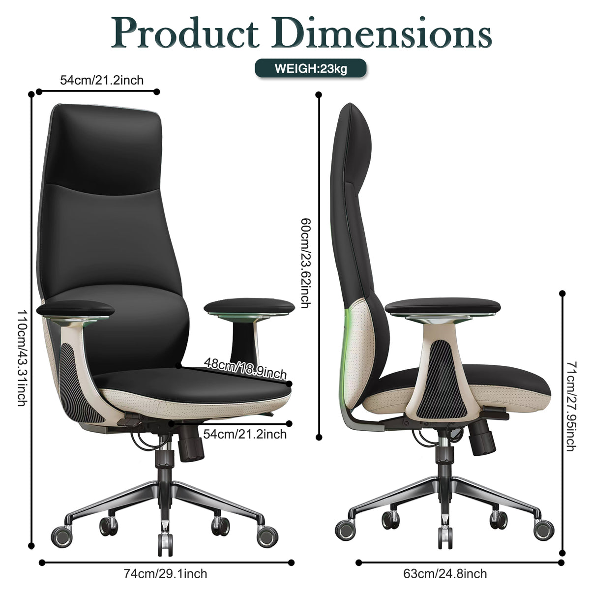 Ergonomic Genuine Leather Executive Chair,400lbs High Back, Elegant Back Pattern,  360° Silent Wheels, Tilt & Depth Adjustable, Movable Armrests, Lumbar Support