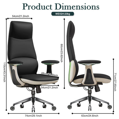 Ergonomic Genuine Leather Executive Chair,400lbs High Back, Elegant Back Pattern,  360° Silent Wheels, Tilt & Depth Adjustable, Movable Armrests, Lumbar Support