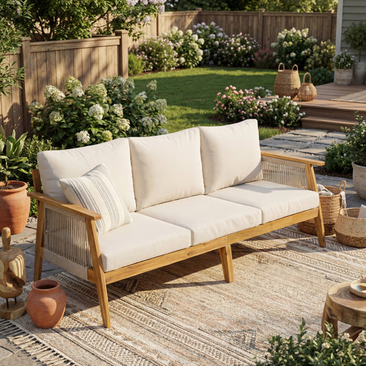 Outdoor Acacia Wood and Rope 3 Seater Patio Sofa