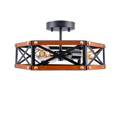Rustic Farmhouse Wood Flush Mount Ceiling Light Fixture 14.57 inch Wood and Metal Cage Semi Flush Mount Ceiling Light for Hallway Entry Dining Farmhouse Bedroom Living Room,--Matte Black