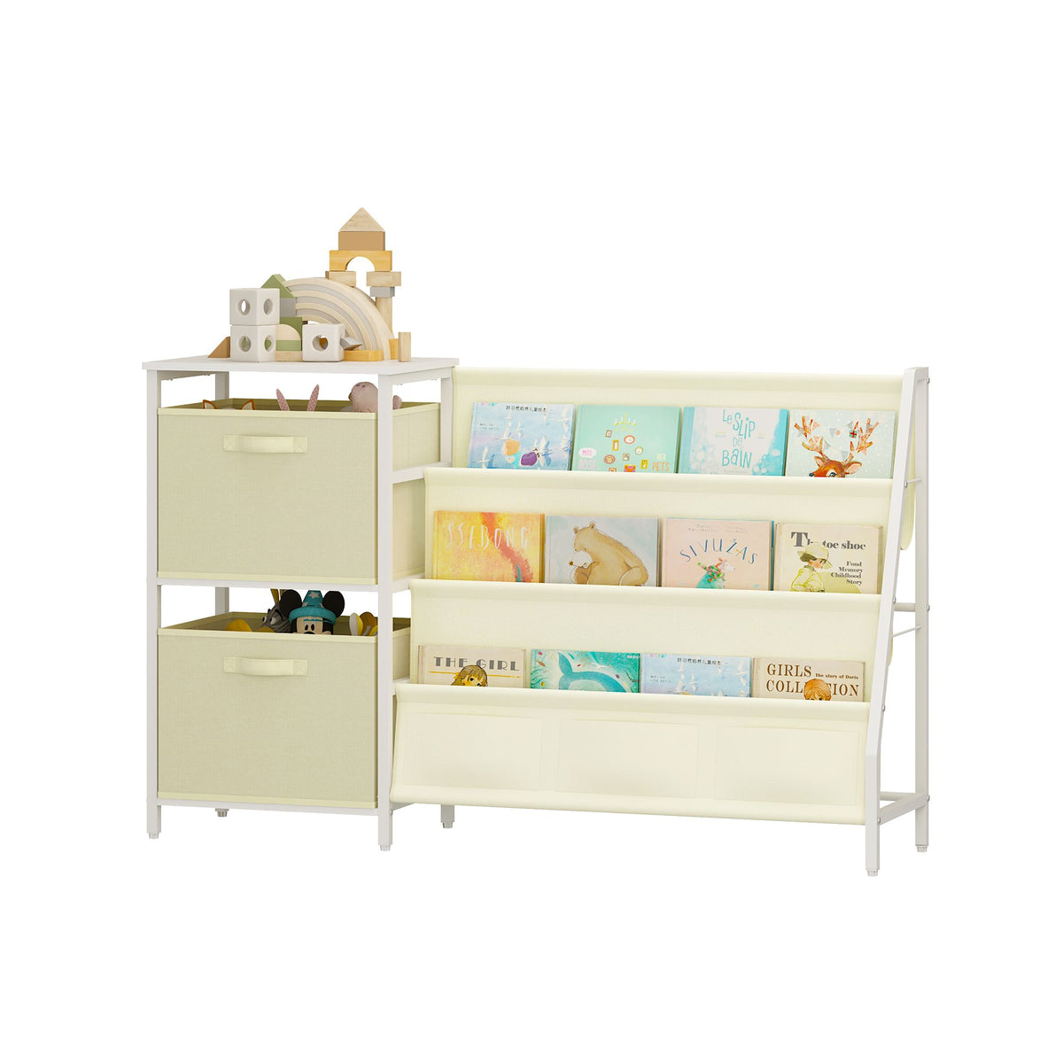 Kids Bookshelf with 3-Tier Front-Facing Book Display, 2 Storage Bins and Bottom Cabinet, Children's Bookcase Organizer for Bedroom, Playroom and Nursery