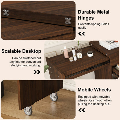 Multi-functional stretching desk, 47-inch foldable desk, makeup table with mirror, has 3 usage modes, equipped with storage function stool, suitable for bedroom, apartment (Walnut)