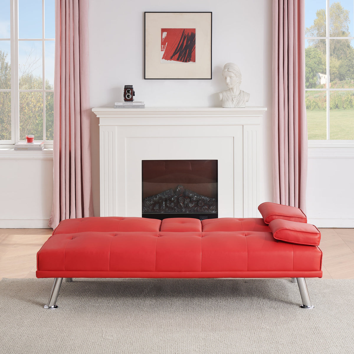 67-inch Red Leather Multifunctional Double Folding Sofa Bed with Coffee Table for Office Use