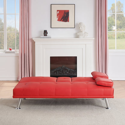 67-inch Red Leather Multifunctional Double Folding Sofa Bed with Coffee Table for Office Use