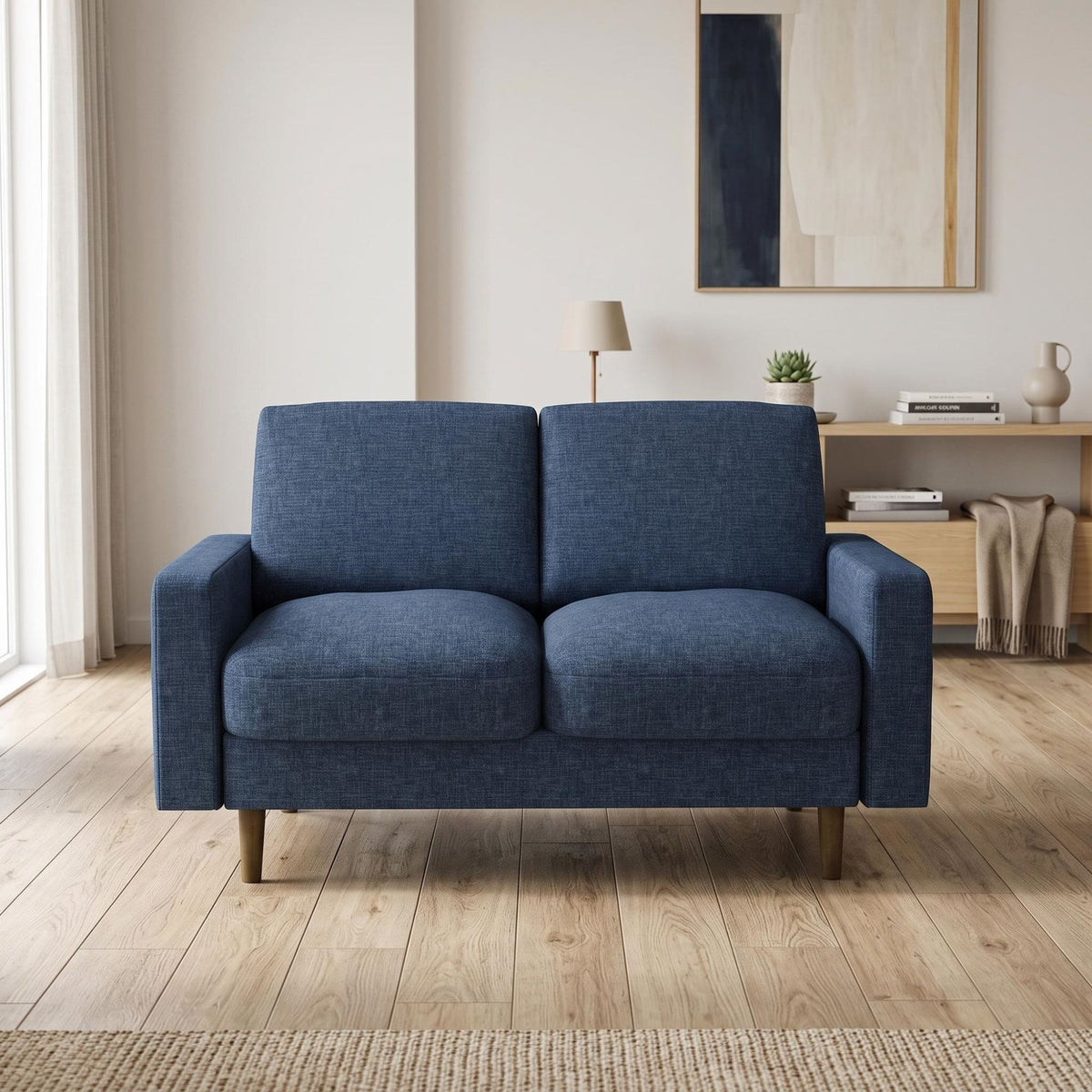 Modern 2‑Seat Loveseat Sofa, Polyester Fabric Couch, Without Accent Pillows, Loose Back Cushion for Small Space Living Room