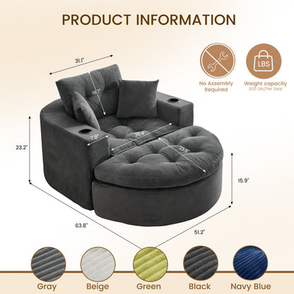 Oversized Dark Gray Round Chaise Lounge Sofa, Upholstered Lounge Chair with 3 Pillows, Boneless Sofa Couch with Ottoman, Deep Seat Chair for Living Room, Bedroom, No Assembly