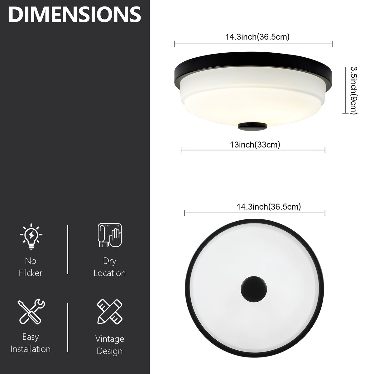 10.83" 2-Pack Flush Mount LED Ceiling Light, Black, 15W Dimmable with Remote Control, Metal Base & Glass Shade, CRI>90
