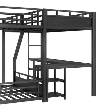 L-Shaped Metal Bunk Bed (Top bed: twin xl, bottom bed: queen) with Single Loft Bed, Desk, and Storage Shelves, USB Charging Port Included - Metal Triple Bunk Bed with Slide,B