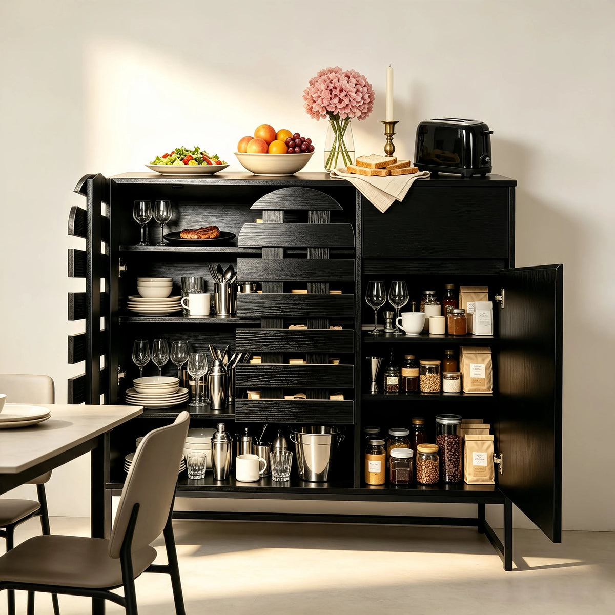 Buffet Cabinet with Storage: 44.49"Black Woven Door Accent Cabinets,with Arched Doors,with Multi layer Adjustable,with Metal Leg,woven door and drawer - for Kitchen Living Dining Room Entryway