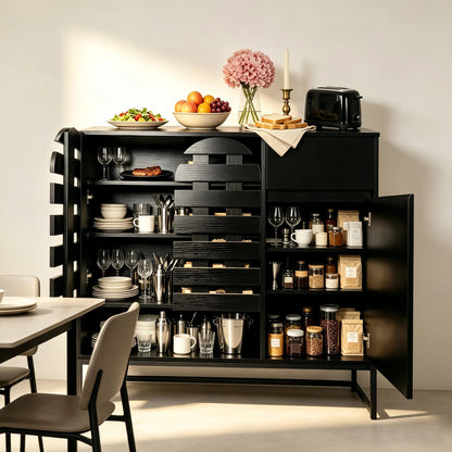 Buffet Cabinet with Storage: 44.49"Black Woven Door Accent Cabinets,with Arched Doors,with Multi layer Adjustable,with Metal Leg,woven door and drawer - for Kitchen Living Dining Room Entryway
