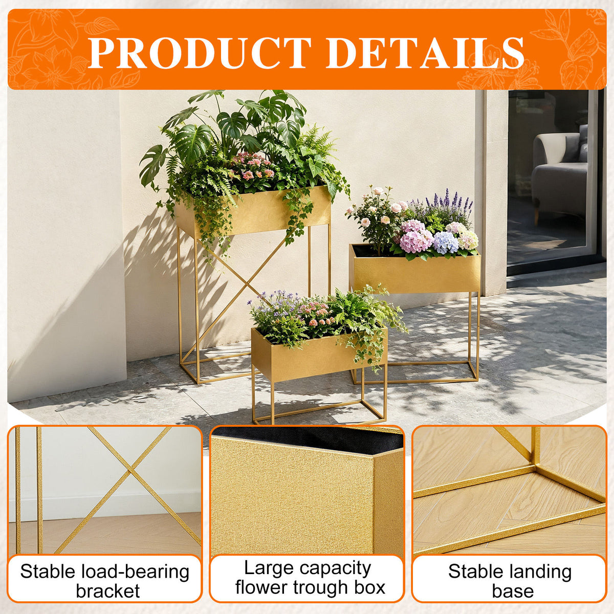 3‑Pack Pre‑Assembled Gold Metal Elevated Planter Stand with Non‑Woven Liner, UV‑Resistant Rectangular Raised Herb Flower Planter Box for Patio Balcony Indoor Outdoor