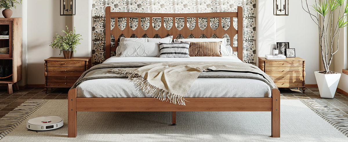 Queen Size Bamboo Platform Bed with Diamond-shaped headboard, Solid Bamboo-made Bed Frame with Support Slats, for Bedroom, Guest Rooms, Brown