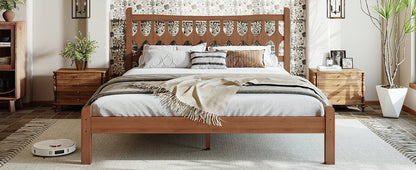 Queen Size Bamboo Platform Bed with Diamond-shaped headboard, Solid Bamboo-made Bed Frame with Support Slats, for Bedroom, Guest Rooms, Brown