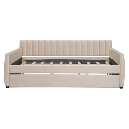 Full Size Upholstered daybed with Trundle and Wood Slat Support, Beige(Old SKU:LP000121AAA)