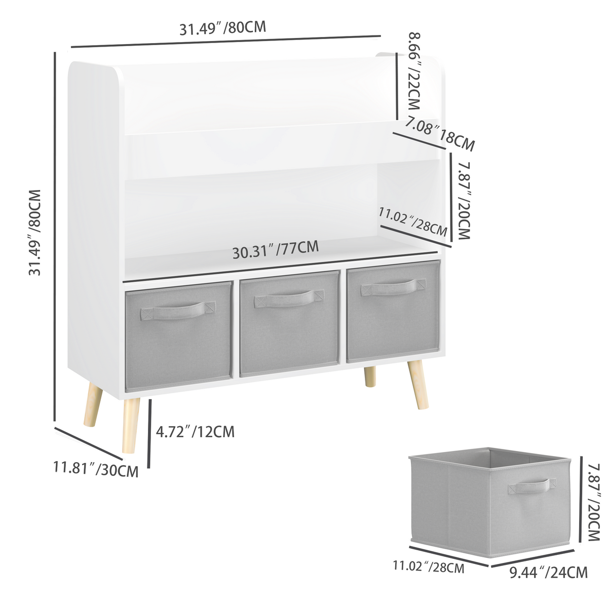 Kids Bookshelf with 3 Fabric Bins, Modern Children's Bookcase with Storage for Toys and Books, Toddler Book Organizer Shelf for Playroom, Bedroom, or Nursery, White and Gray