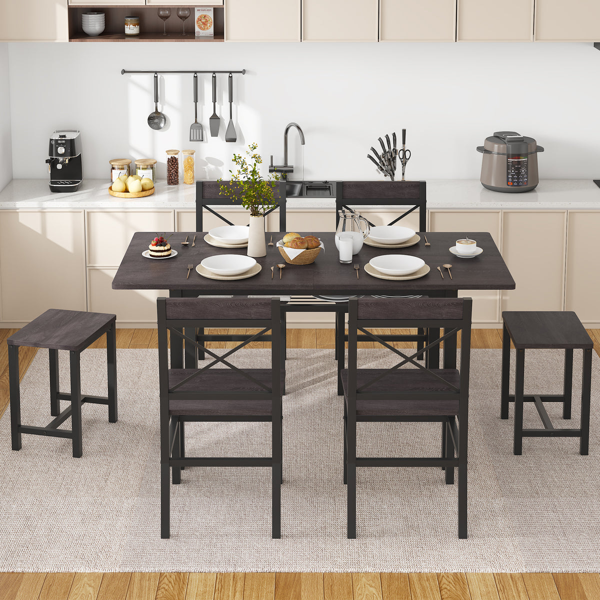 Dining Table Set for 6 with Storage Chairs, Wooden Kitchen Table Set, Farmhouse 5-Piece Dining Room Furniture, Compact Dinette Set for Small Space, Breakfast Nook, Apartment