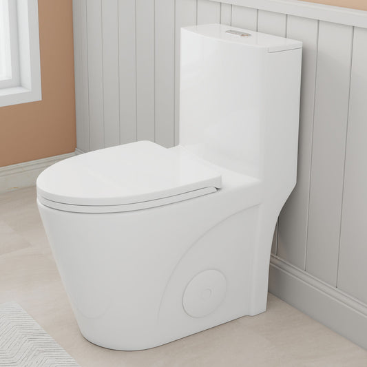 1.1/1.6 GPF Siphonic Flush One-Piece Toilet for bathrooms,Siphonic S-trap 12",Elongated Bowl with Soft Close Seat,Powerful Dual Flush MAP 1000g,Comfort Chair Seat ADA Height 17",Glossy White GW-001