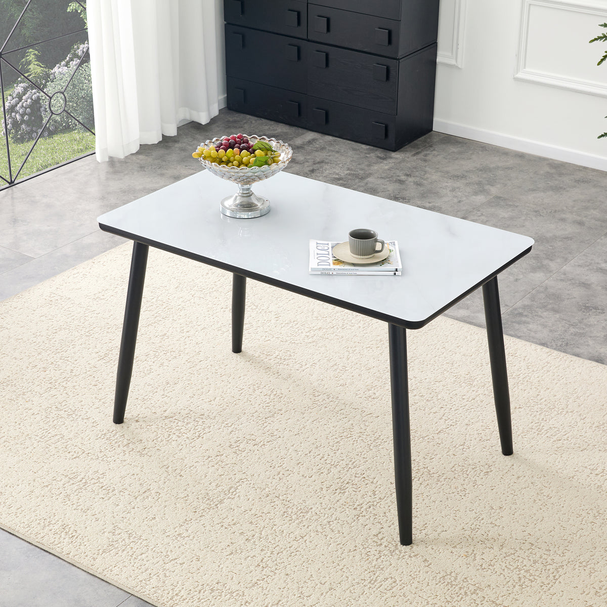 Modern minimalist rectangular dining table, suitable for 4-6 people. Tempered glass countertop+lower MDF board, imitation marble texture – Model W1151S04618