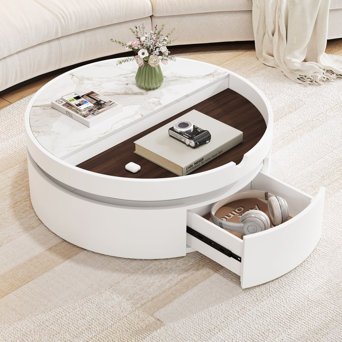 White Round Lift Coffee Table with 1 Drawer in 29.5', Marble Veneer and Wood Grain Tabletop