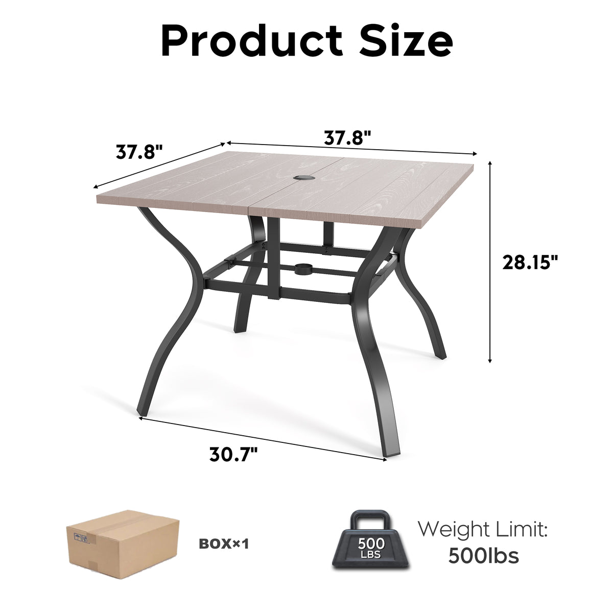 NATURAL -Industrial Farmhouse Desk with Umbrella Hole, 37" Wood Look Square Table - Heavy Metal Frame for Dining Office Kitchen Conference Room, Easy Assembly Waterproof Indoor Outdoor Use