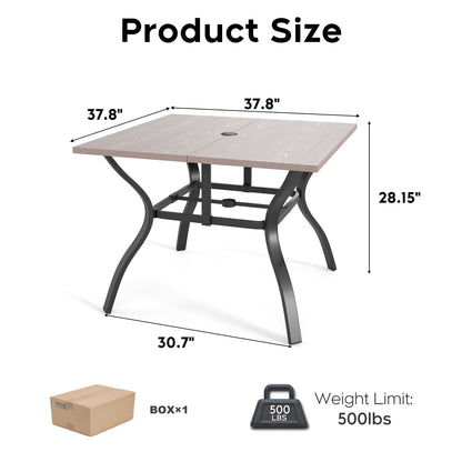 NATURAL -Industrial Farmhouse Desk with Umbrella Hole, 37" Wood Look Square Table - Heavy Metal Frame for Dining Office Kitchen Conference Room, Easy Assembly Waterproof Indoor Outdoor Use