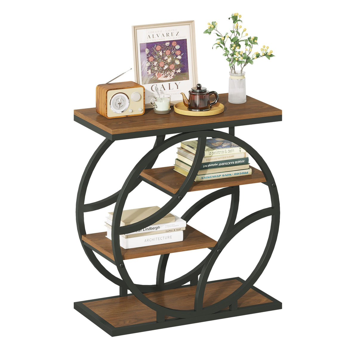 4-Tier Side Table with Storage, 25.6" Narrow End Table, Industrial Plant Stand & Nightstand, Geometric Metal Frame Accent Table for Living Room, Bedroom & Small Spaces, ( Brown)
