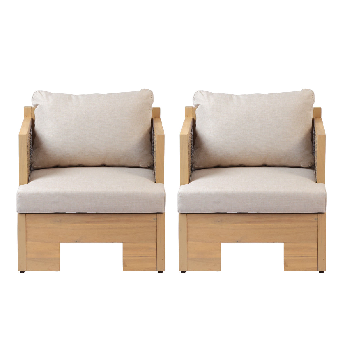 Acacia wood and rattan-woven armrests outdoor club chair with a deep seat and soft cushion, suitable for gardens, backyards, porches, and balconies,Set 2(Light Teak+Light Brown Wicker+Beige Cushion).