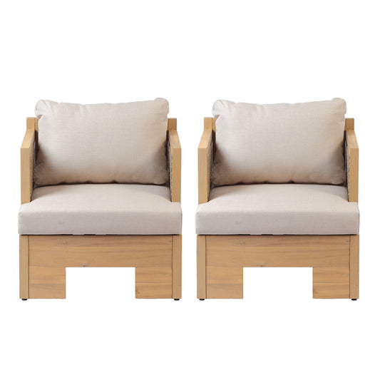 Acacia wood and rattan-woven armrests outdoor club chair with a deep seat and soft cushion, suitable for gardens, backyards, porches, and balconies,Set 2(Light Teak+Light Brown Wicker+Beige Cushion).