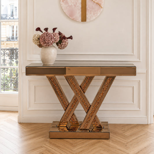 Modern Entryway Console Table with Crushed Diamond Inlay  brown  Mirrored Glass Hallway Table for Entryway, Glam Decorative Sofa Tables for Living Room