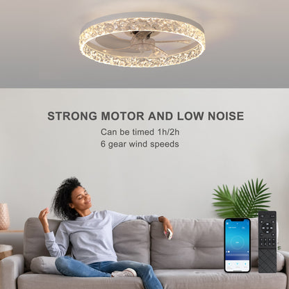 Modern Acrylic Ceiling Fan Light with Remote Control, Dimmable LED Chandelier, 6-Speed Adjustable, Quiet Motor, Flush Mount Design