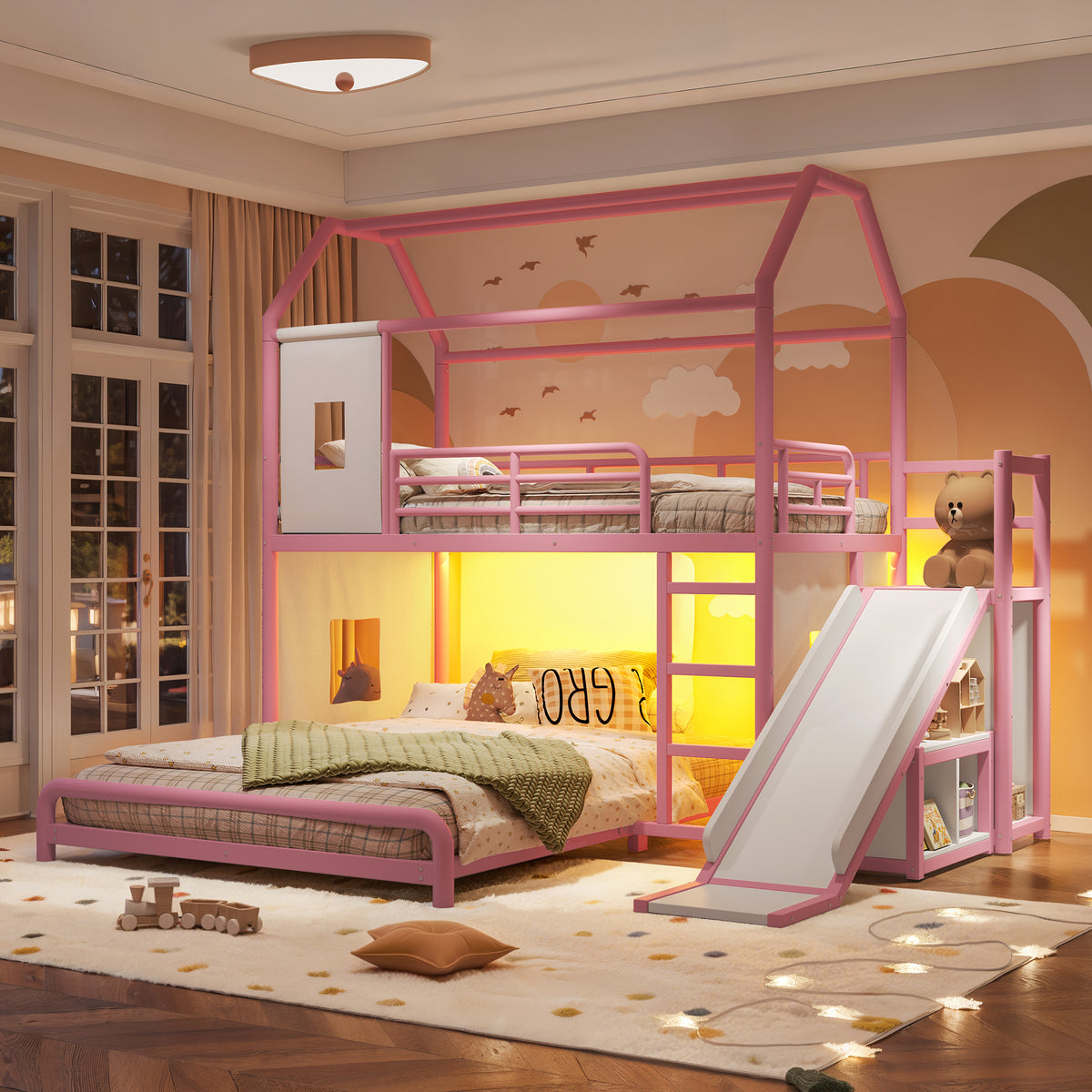 Twin over Full Playhouse Metal Bunk Bed with Slide & Ladder, House Shaped Bunk Bed with LED Light Strip, Privacy Curtain, Movable Storage Cabinet and Hanging Rod, Twin over Full Kids Bunk Bed , Pink