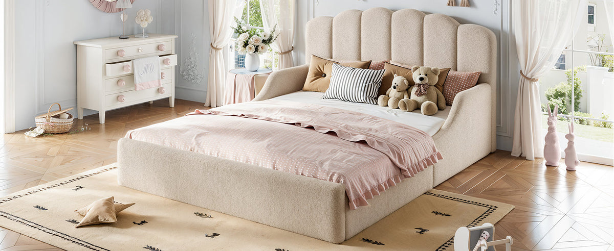 Queen Teddy Fabric Upholstered Floor bed, Stylish Upholstered Kids bed, Low Profile Children Bed Frame, Soft Plush Upholstered Floor bed for Kids &Teens.Beige